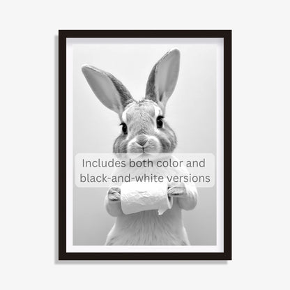 Bunny wall art featuring a playful toilet paper theme.
