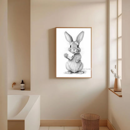 Bunny with toilet paper black-and-white art for farmhouse bathroom decor.