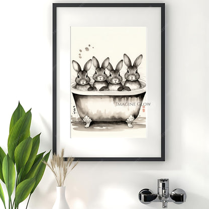 Adorable black-and-white bunnies in bathtub artwork
