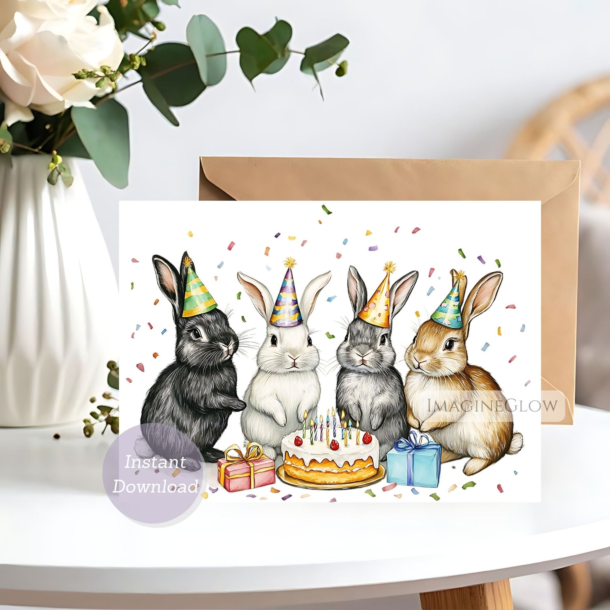 Birthday card with rabbits wearing party hats and a cake
