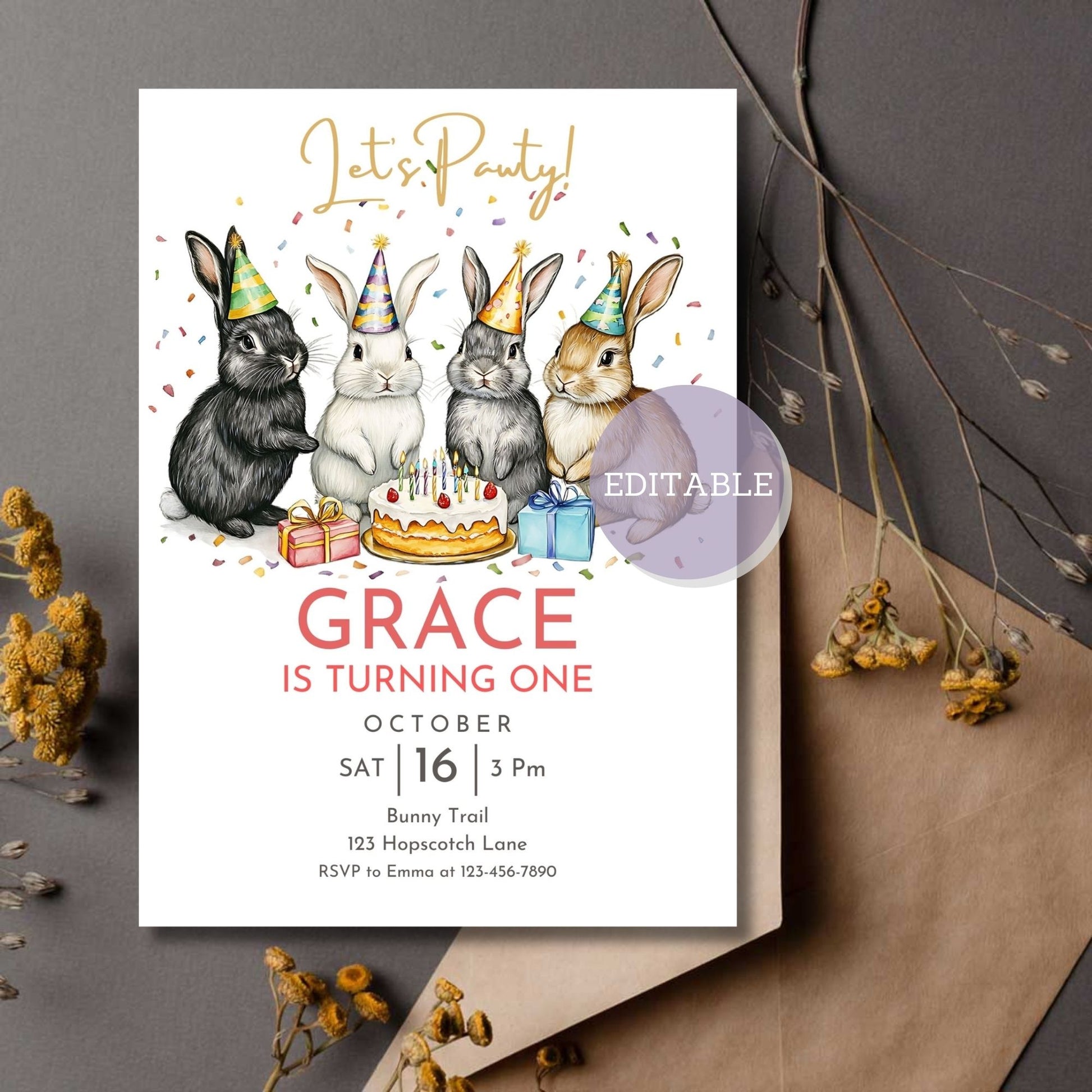 Editable bunny-themed birthday invitation template
