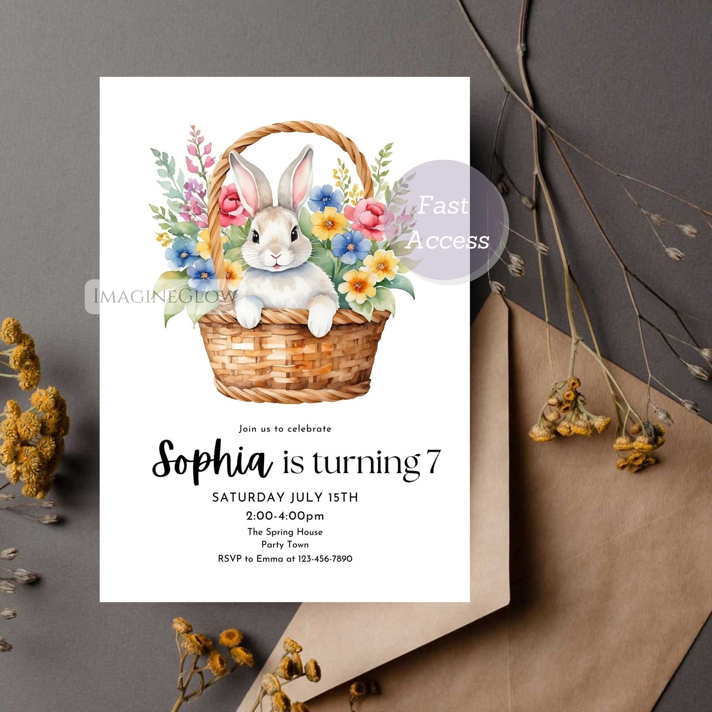 Children's birthday party invitation with a rabbit and flowers on a white background