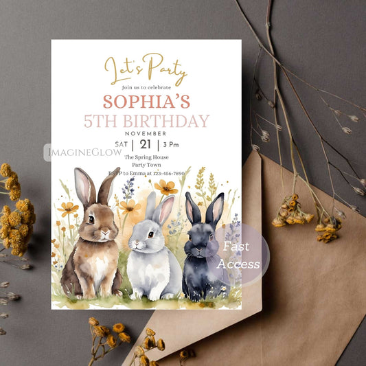 Birthday party invitation with rabbits and flowers on a gray background