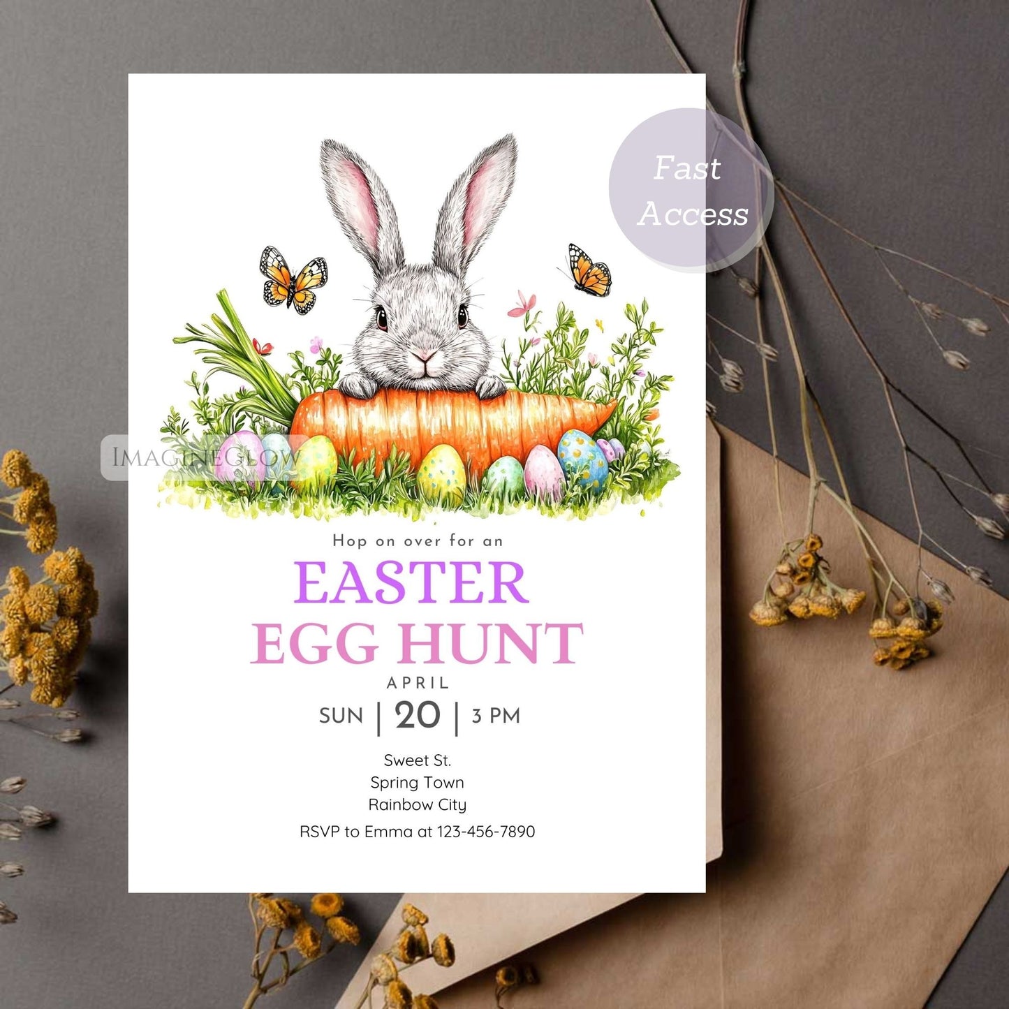 Editable Easter Bunny Invitation with Egg and Carrot
