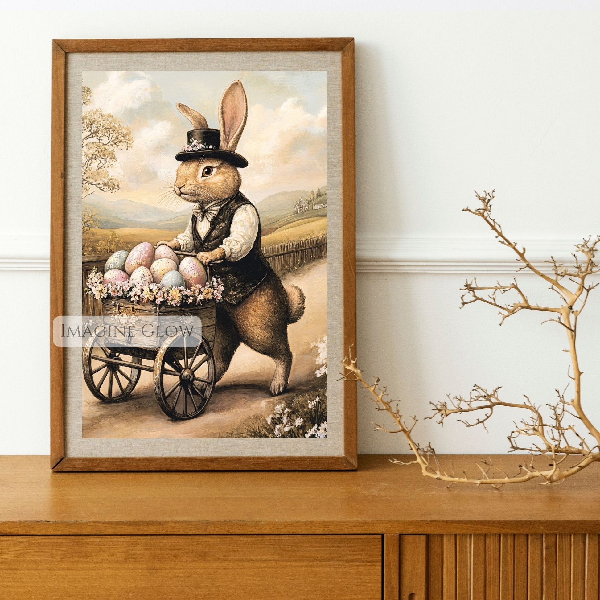 Victorian rabbit surrounded by colorful Easter eggs for spring decor.
