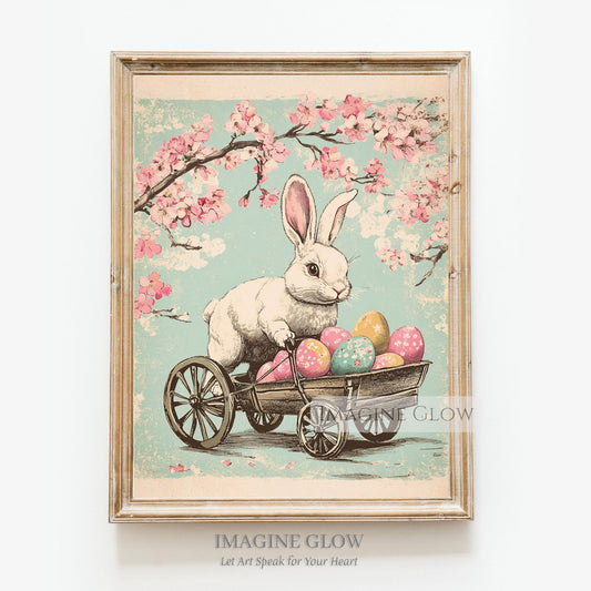 Vintage bunny with Easter eggs and cherry blossoms art print.
