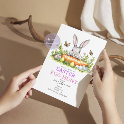 Cute Bunny with Easter Egg and Carrot Invitation Template
