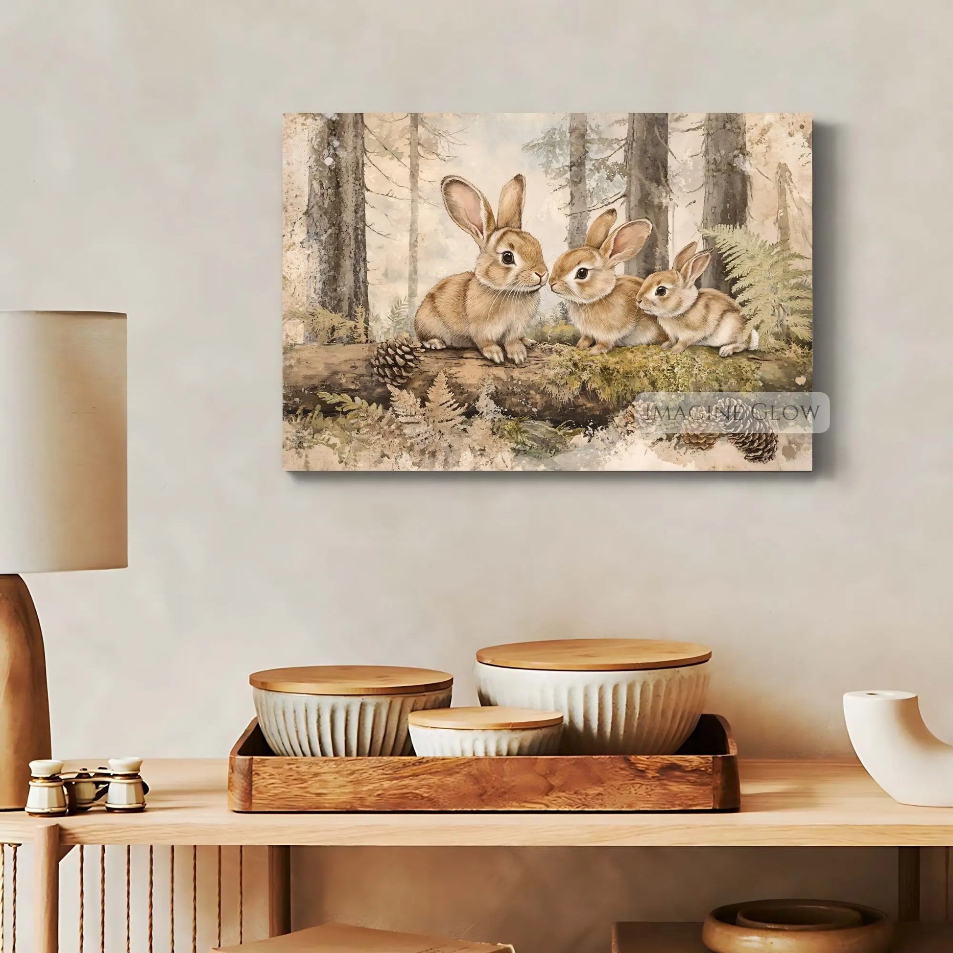 Antique-style rabbit family print with a forest backdrop.
