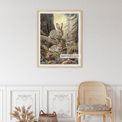 Vintage rabbit family illustration in a forest.
