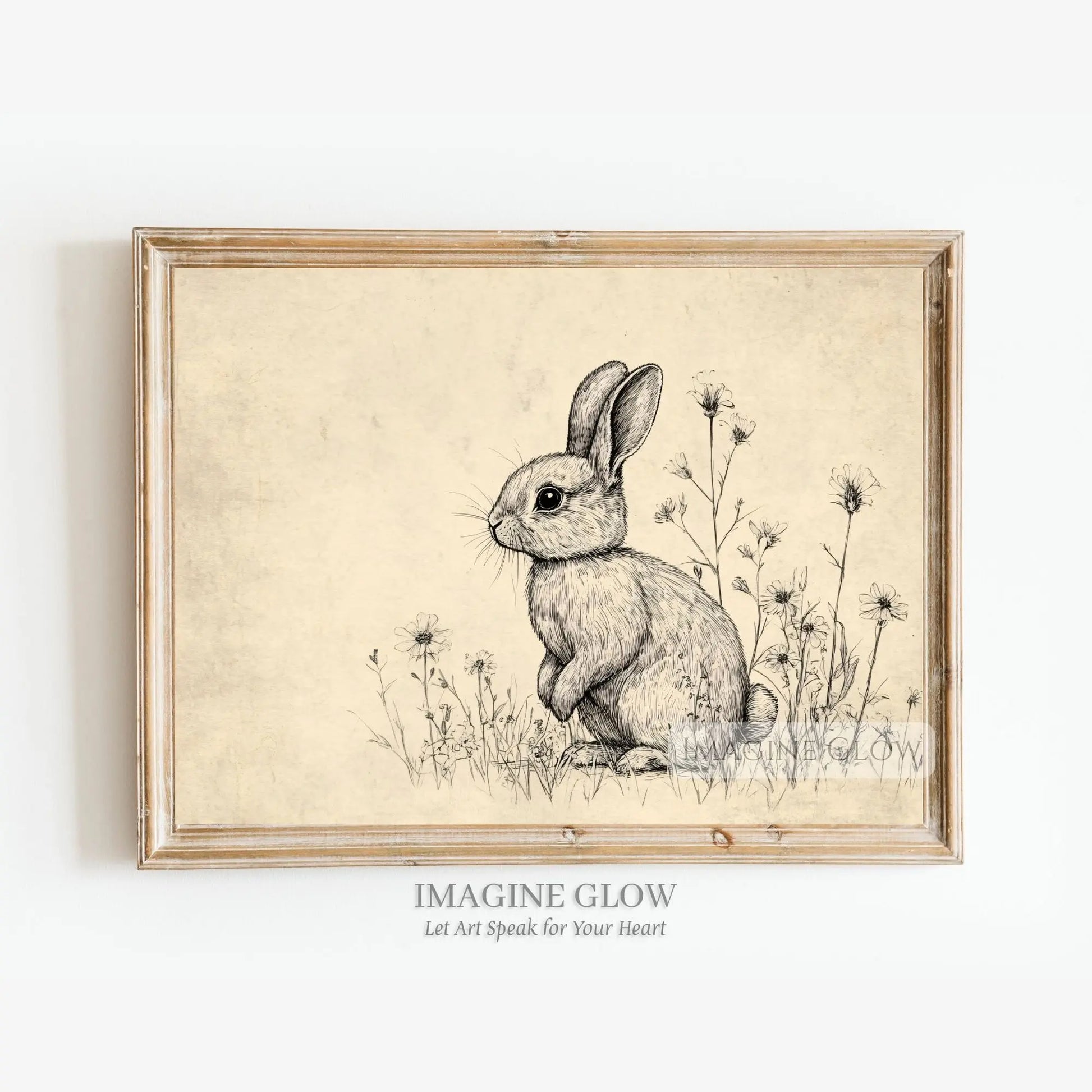 Vintage bunny wall art featuring a rabbit in a wildflower field.
