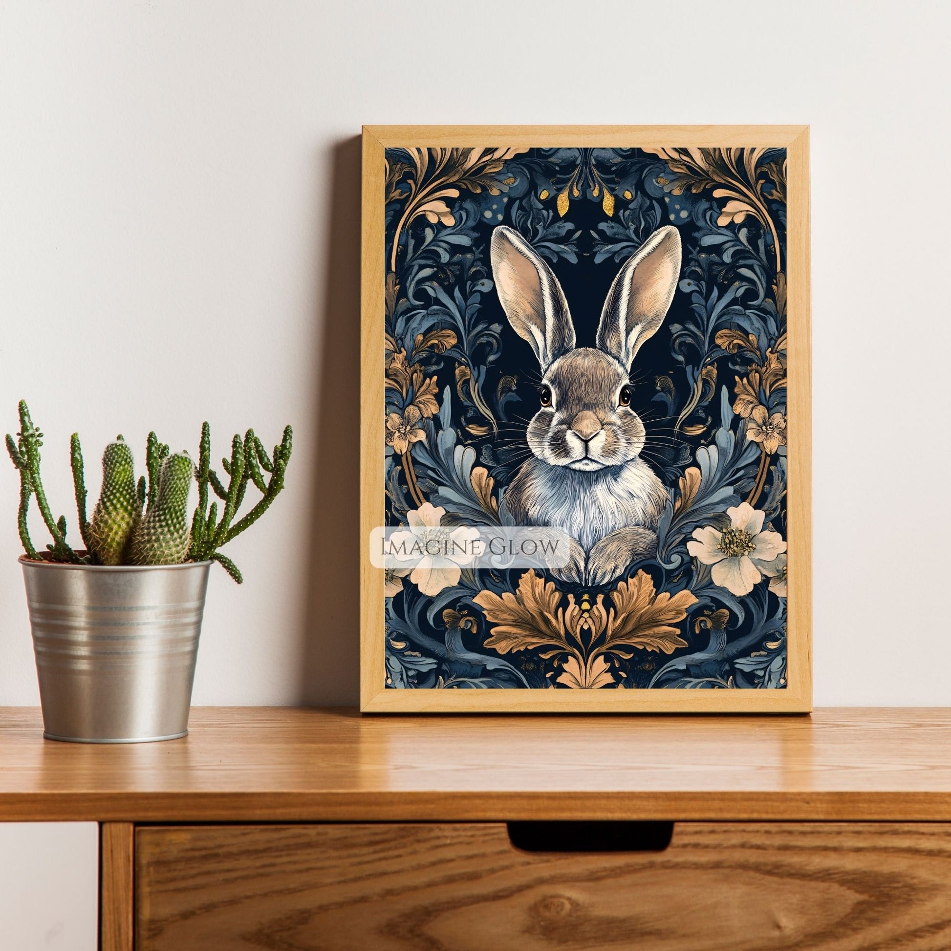 Moody bunny floral art print with dark flowers and a woodland rabbit.
