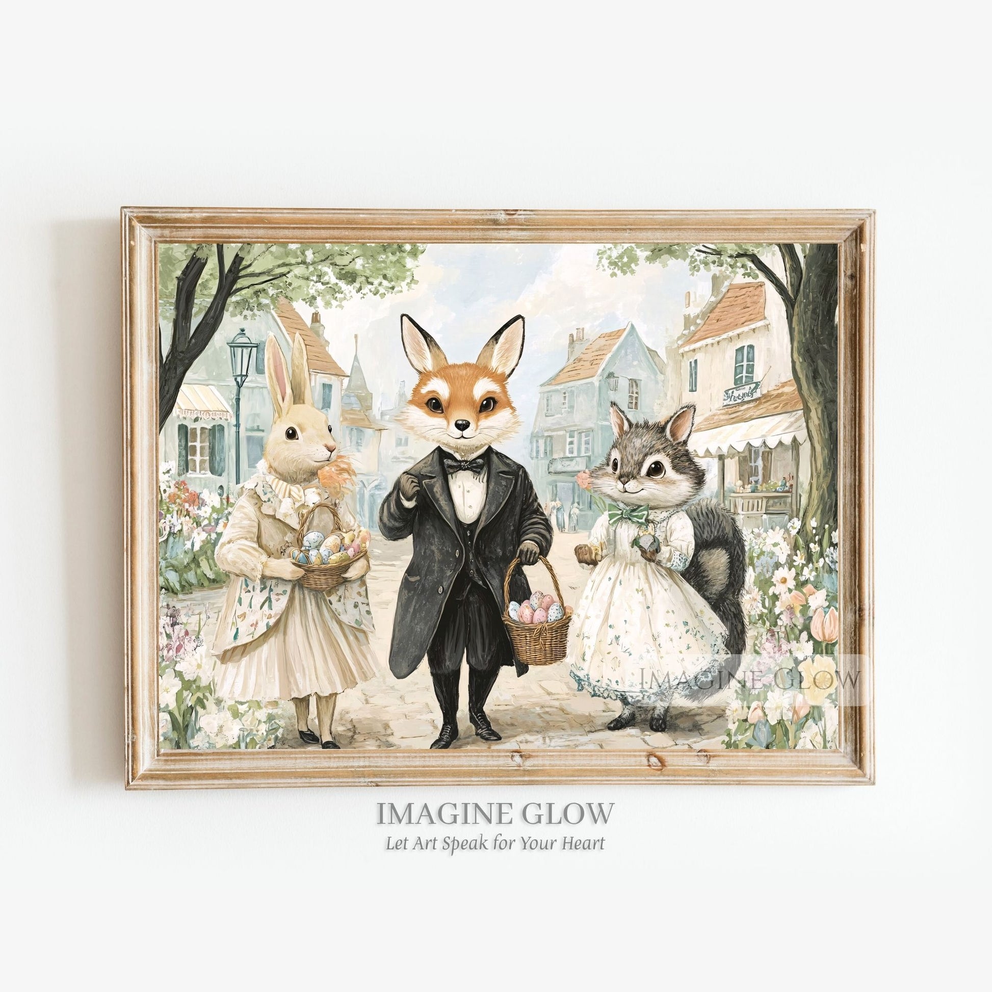 Victorian Bunny and Fox Wall Art with Easter Egg Basket
