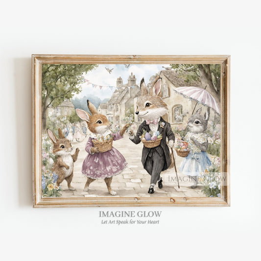 Victorian Bunny and Fox Wall Art with Easter Egg and Flower Basket
