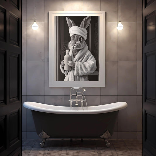 Rabbit in bathrobe holding soap bottle restroom art
