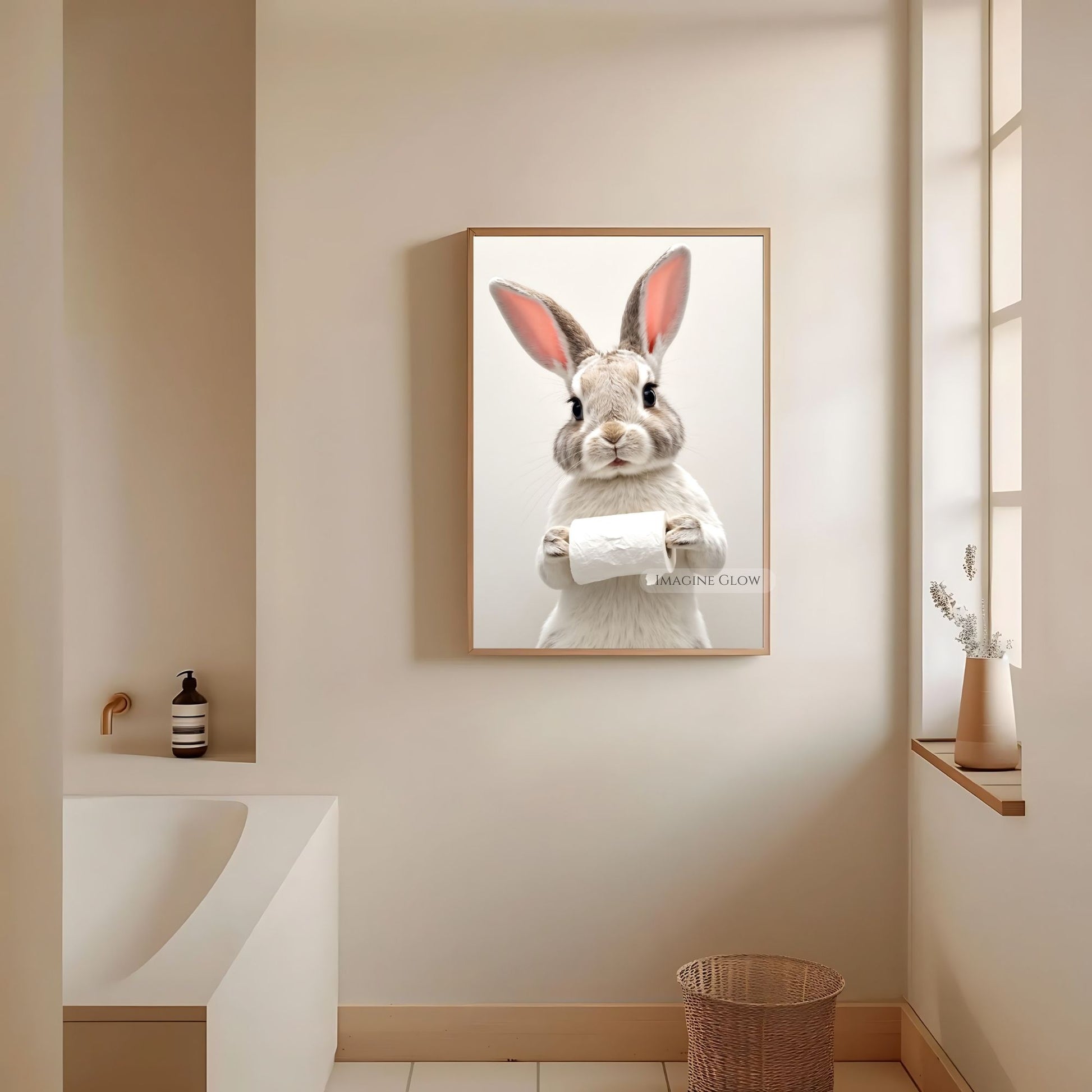 Funny animal bathroom art with a bunny holding toilet paper.
