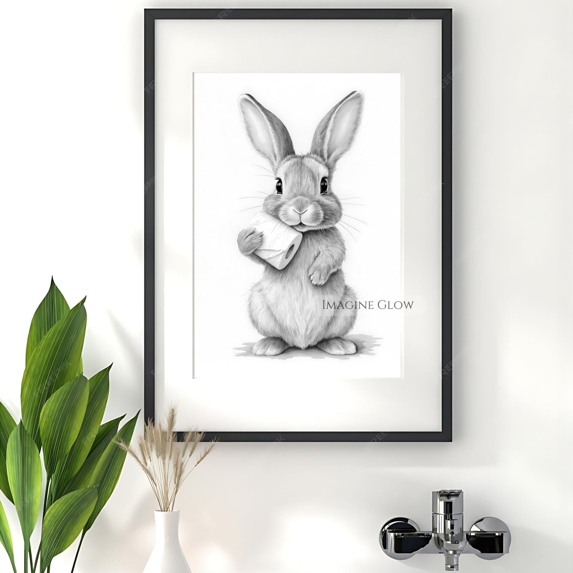 Minimalist wall art of a bunny holding toilet paper for restroom decor.
