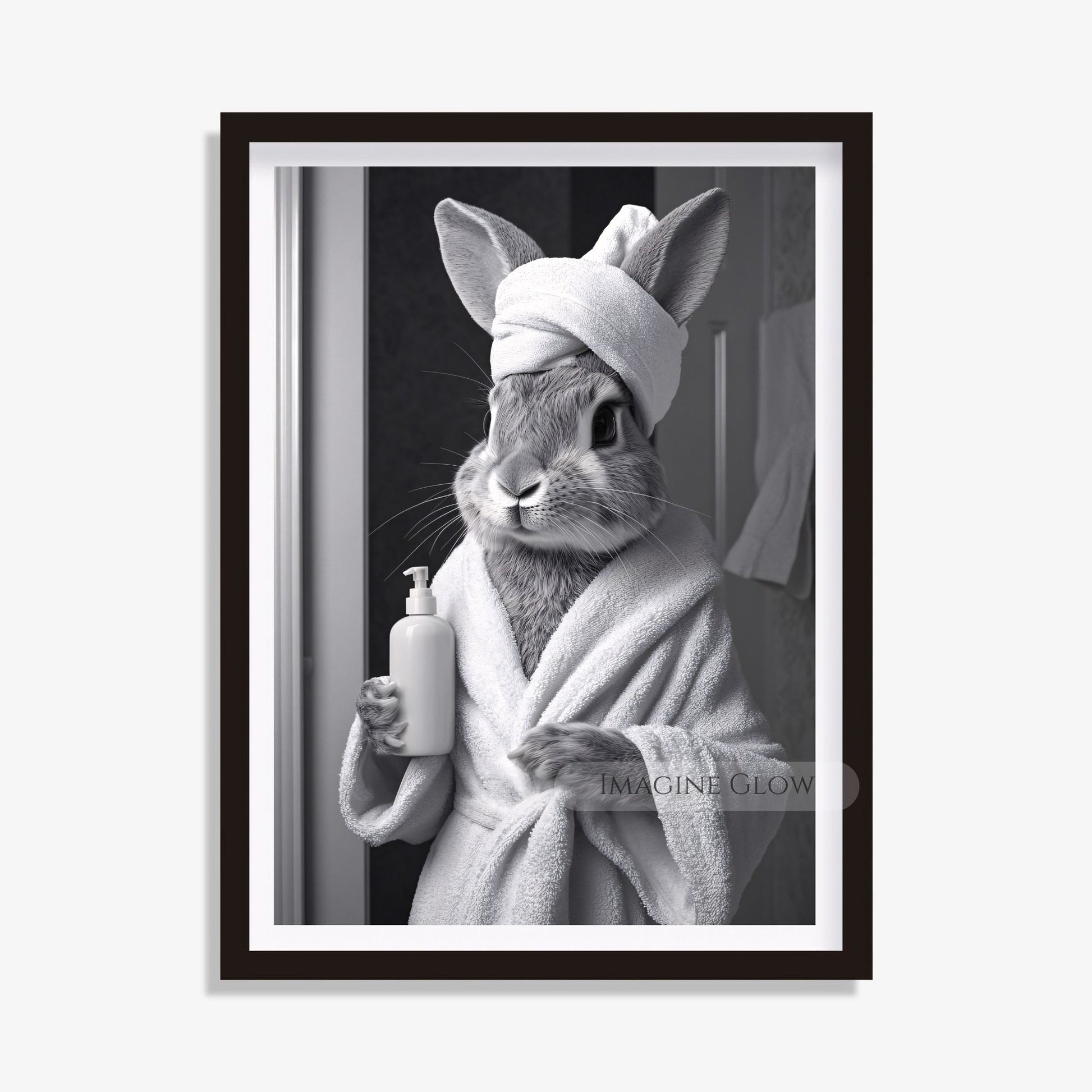 Bunny in bathrobe black and white restroom art
