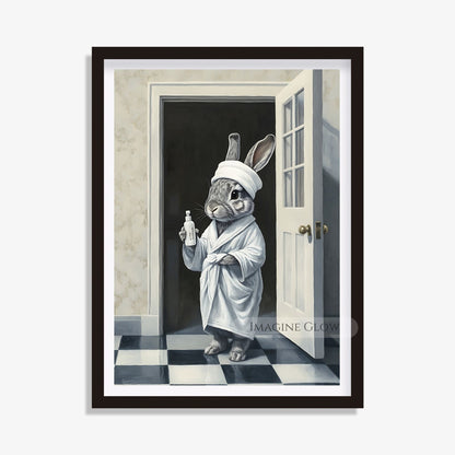 Black-and-white bunny in bathrobe wall art
