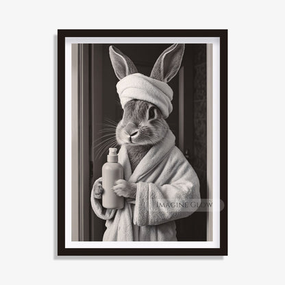 Cute bunny in bathrobe with soap bottle wall art
