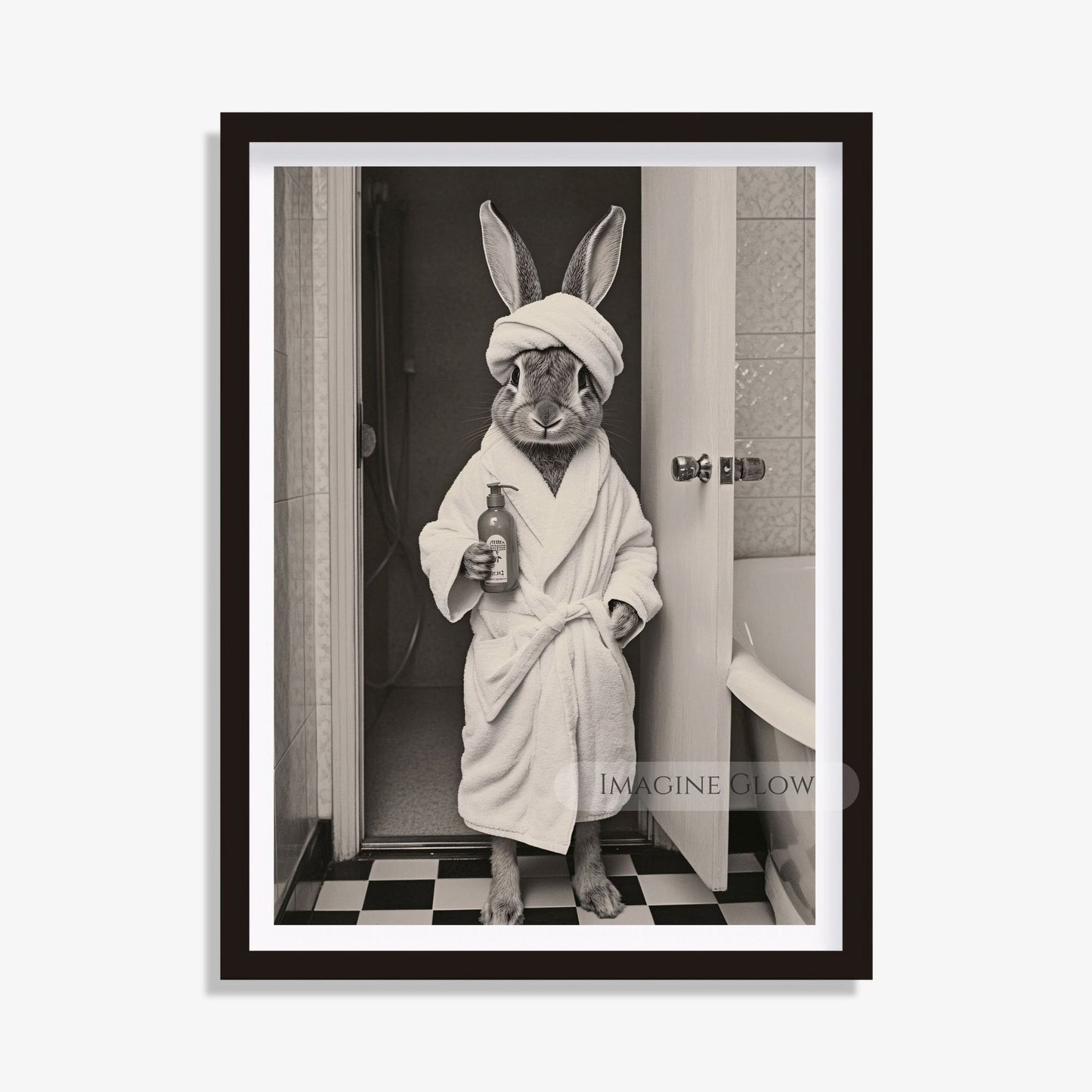 Cute bunny in bathrobe holding soap bottle wall art
