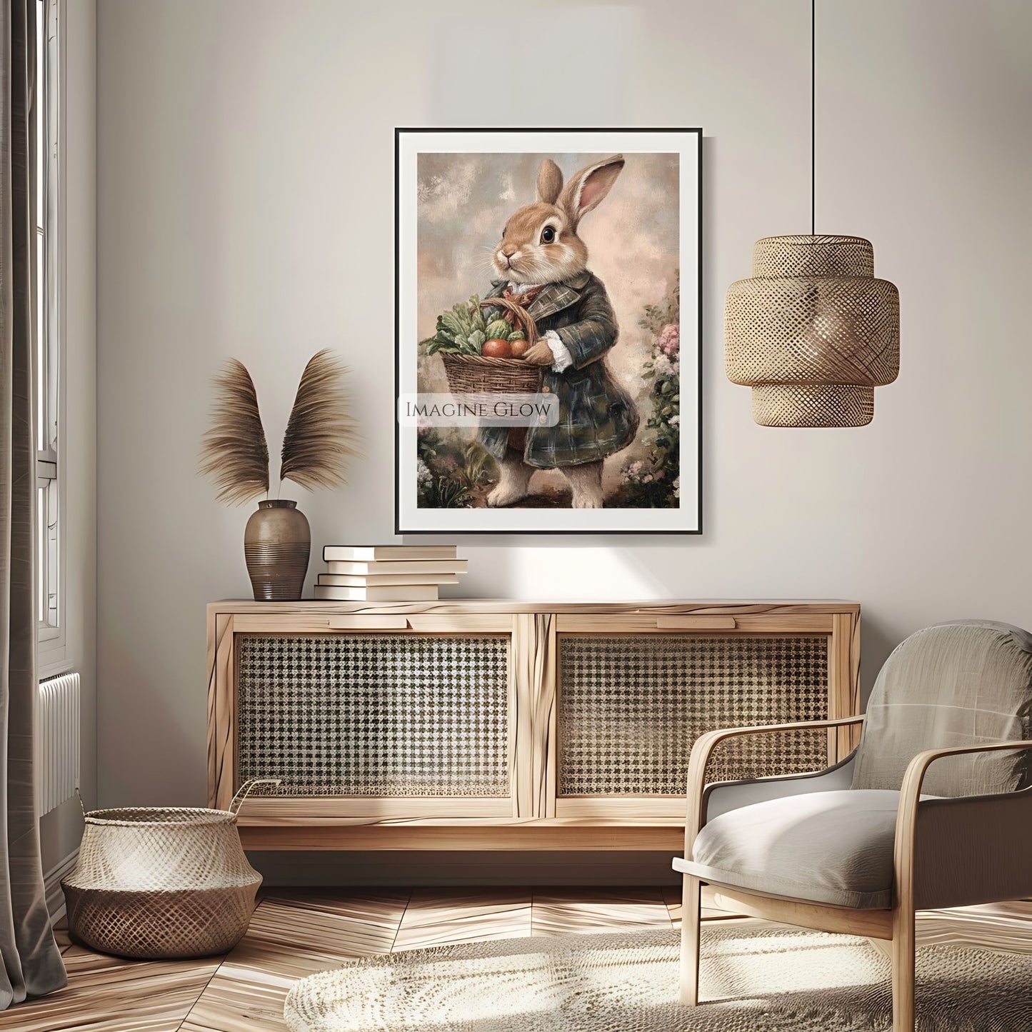 Vintage-style bunny with a basket of fresh vegetables wall decor.
