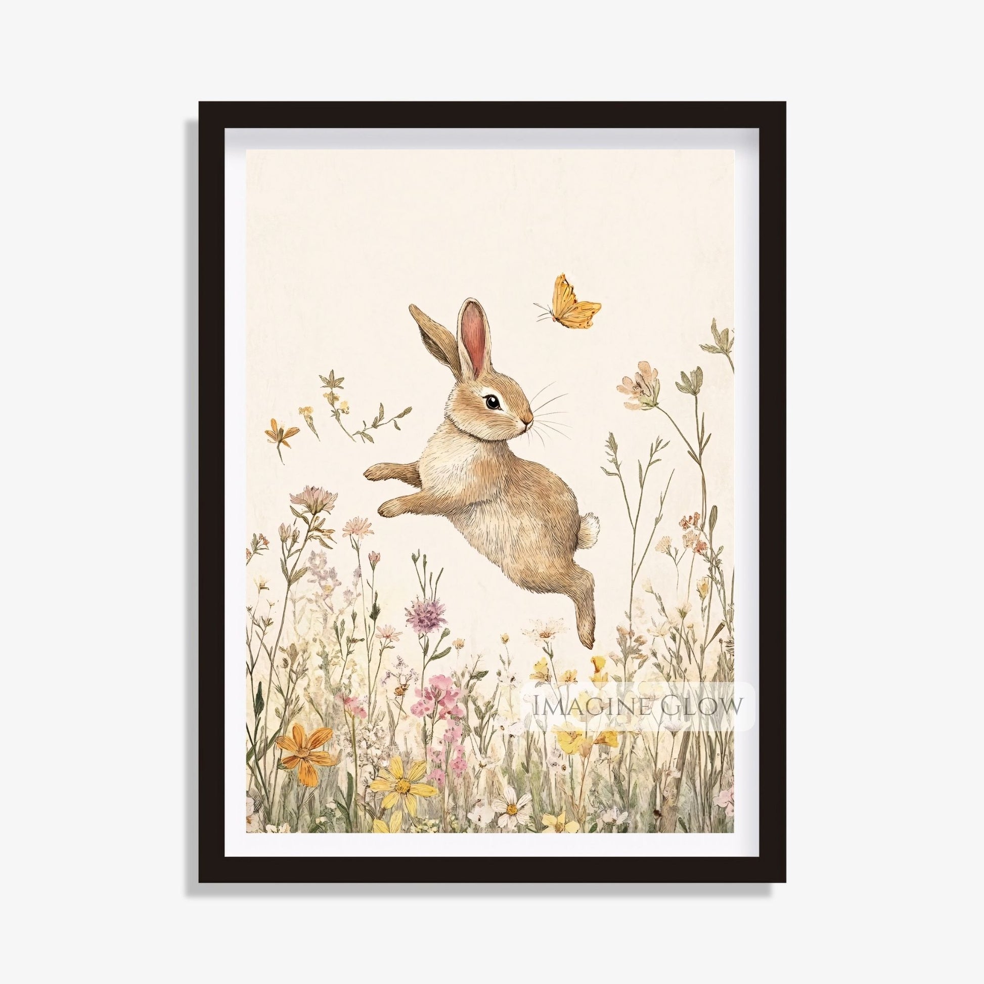 Adorable bunny in a field of wildflowers for baby room wall art.
