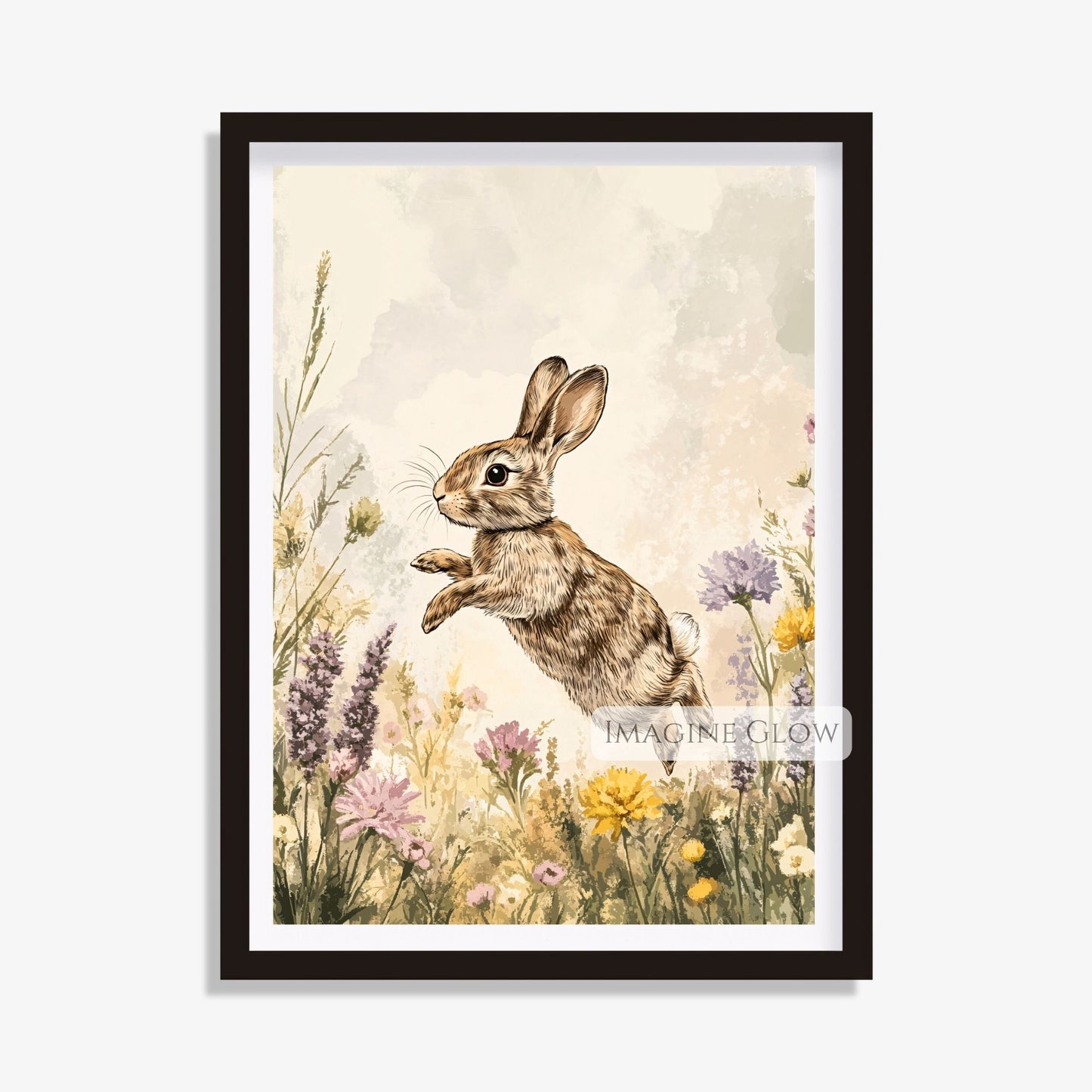 Bunny in wildflower field rustic wall art print.