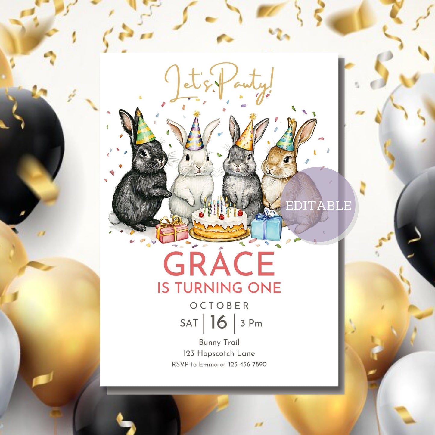 Printable bunny birthday invitation for kids party
