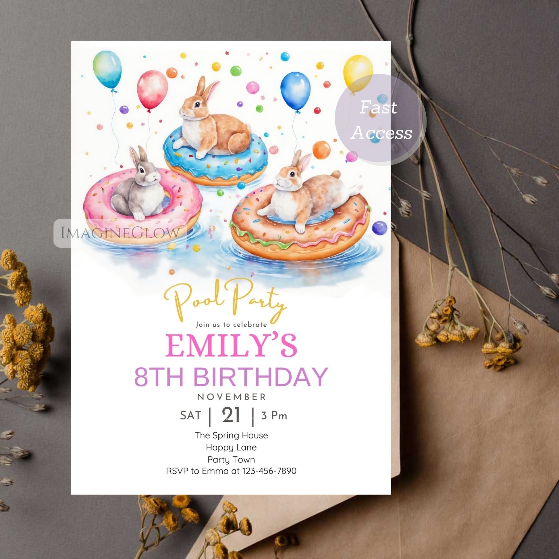 Bunny-themed pool party invite template
