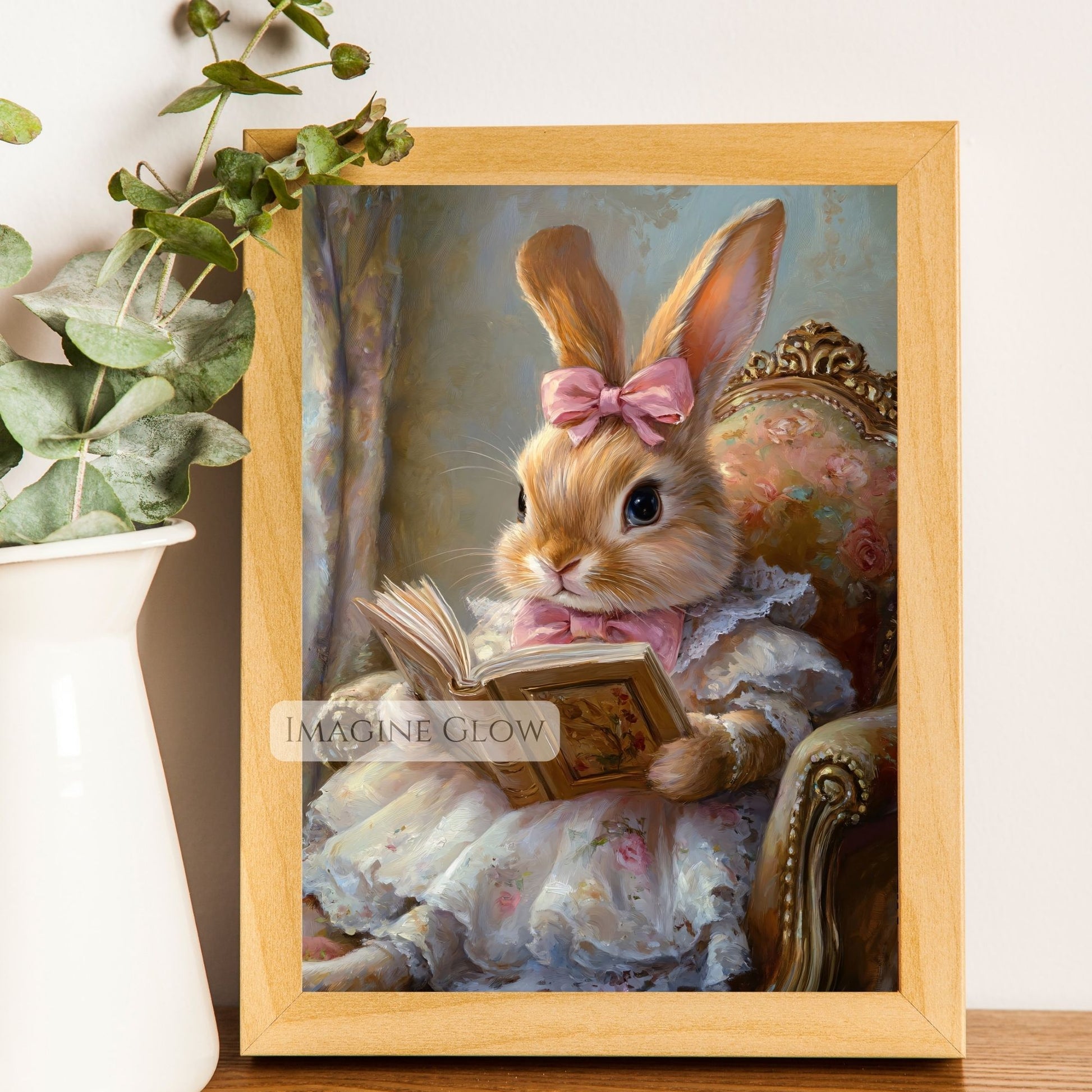 Adorable bunny wall art for reading nook
Bunny reading illustration for nursery or kids space
Whimsical animal art featuring bunny with book