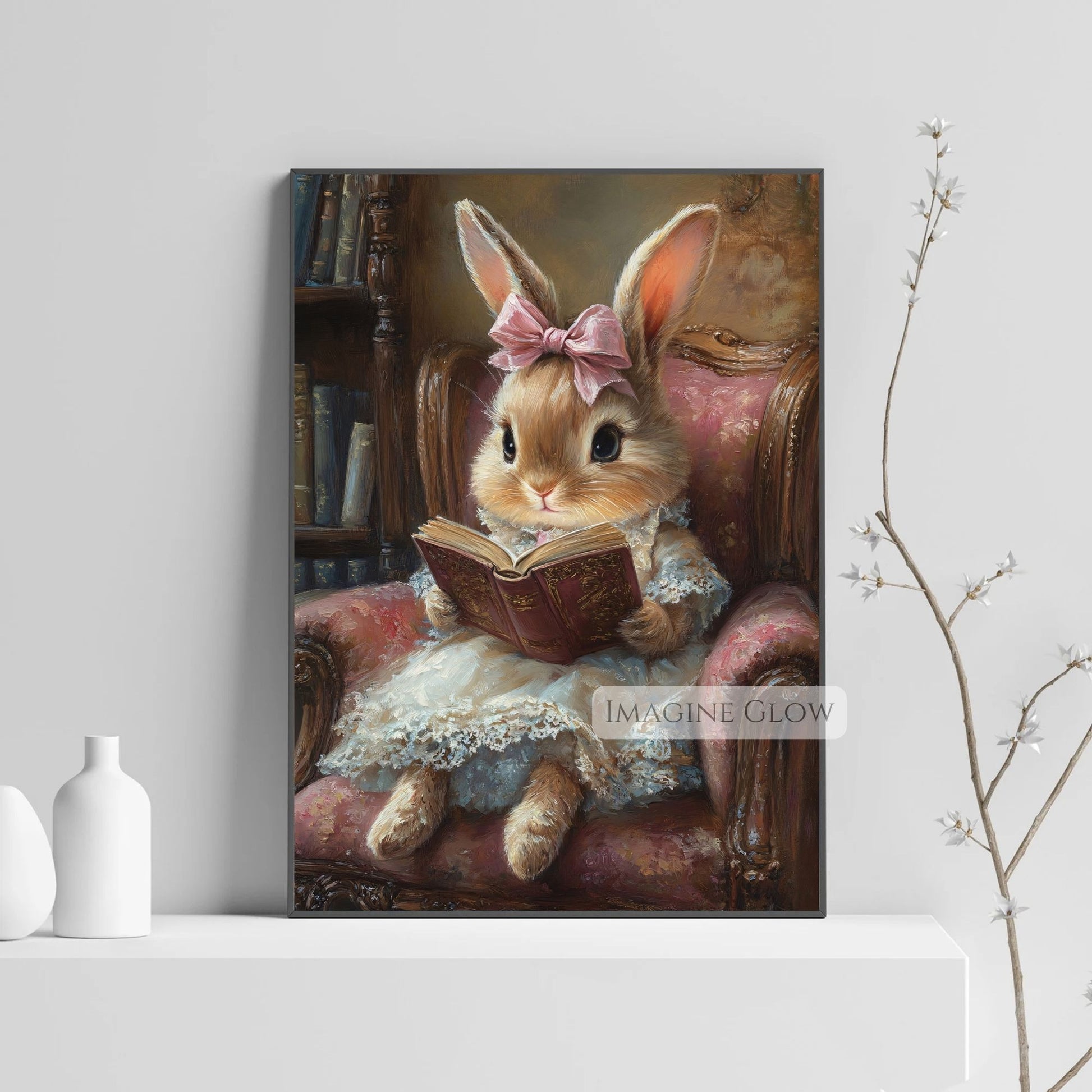 Whimsical bunny reading art for girls
Adorable bunny wall art for kids bedroom
