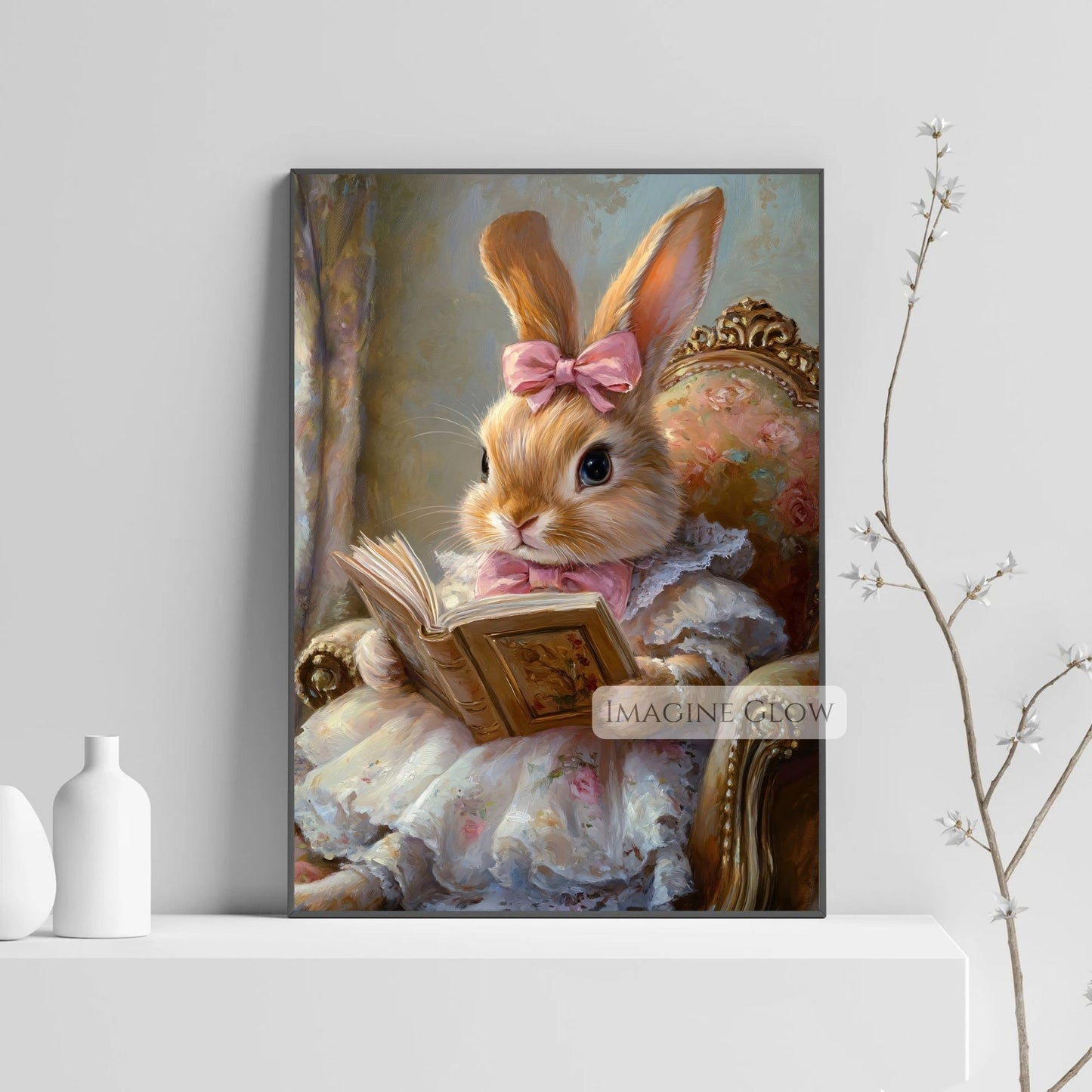 Vintage bunny print with book for kids room
