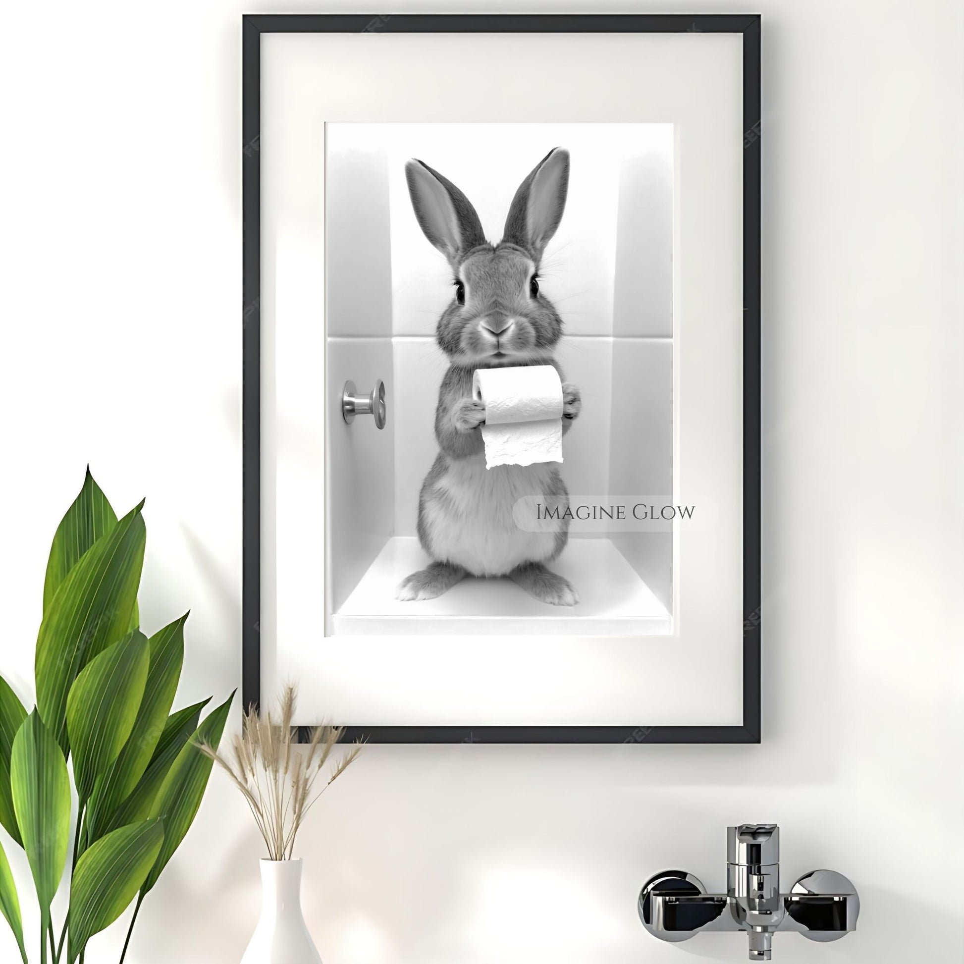 Humorous bunny bathroom art holding toilet paper.
