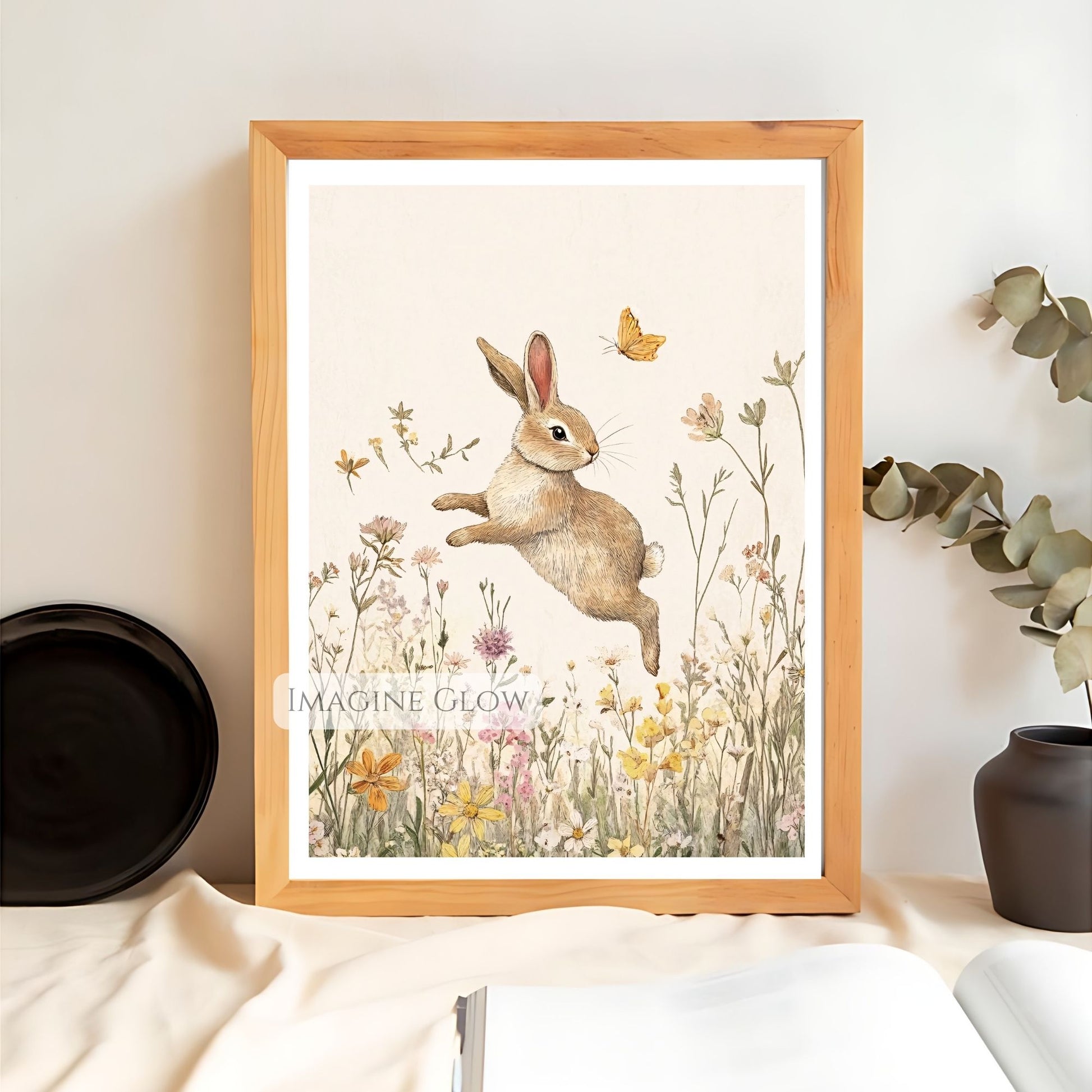 Whimsical bunny surrounded by wildflowers in a nursery setting.
