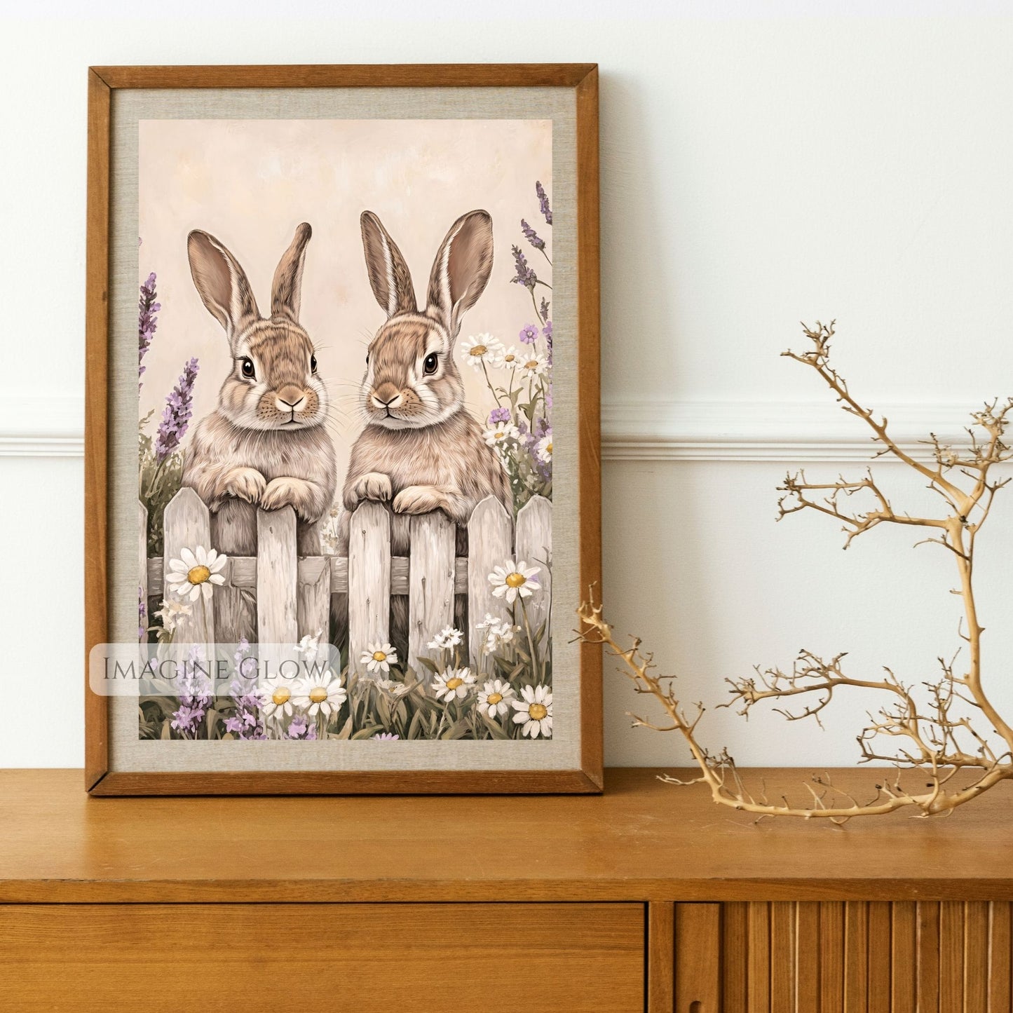 Nature-inspired bunny artwork with two rabbits in wildflowers.
