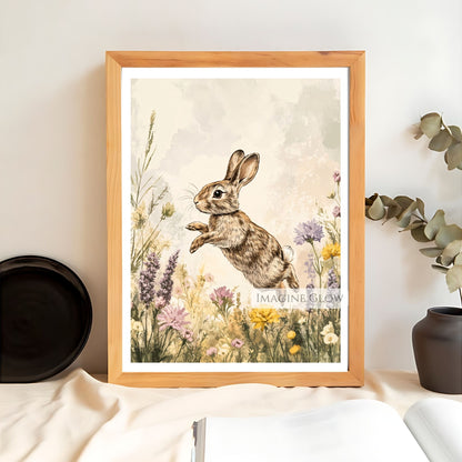 Bunny in wildflower meadow nature wall art.
