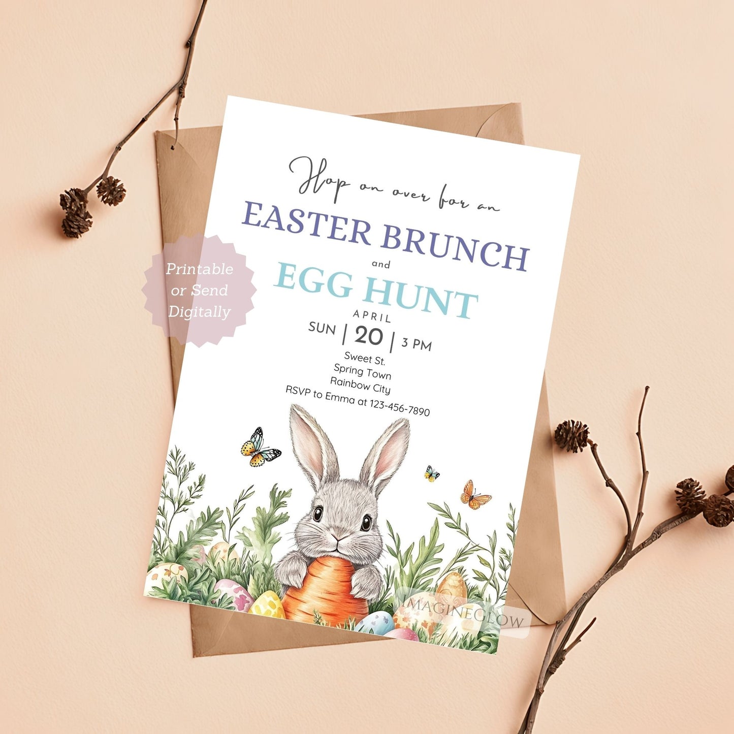 Printable Easter Bunny Invitation with Basket and Eggs
