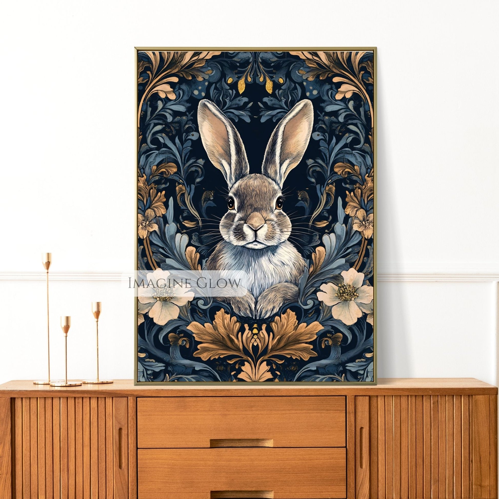 Bunny surrounded by lush, dark florals in a moody art style.
