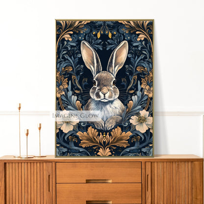 Bunny surrounded by lush, dark florals in a moody art style.
