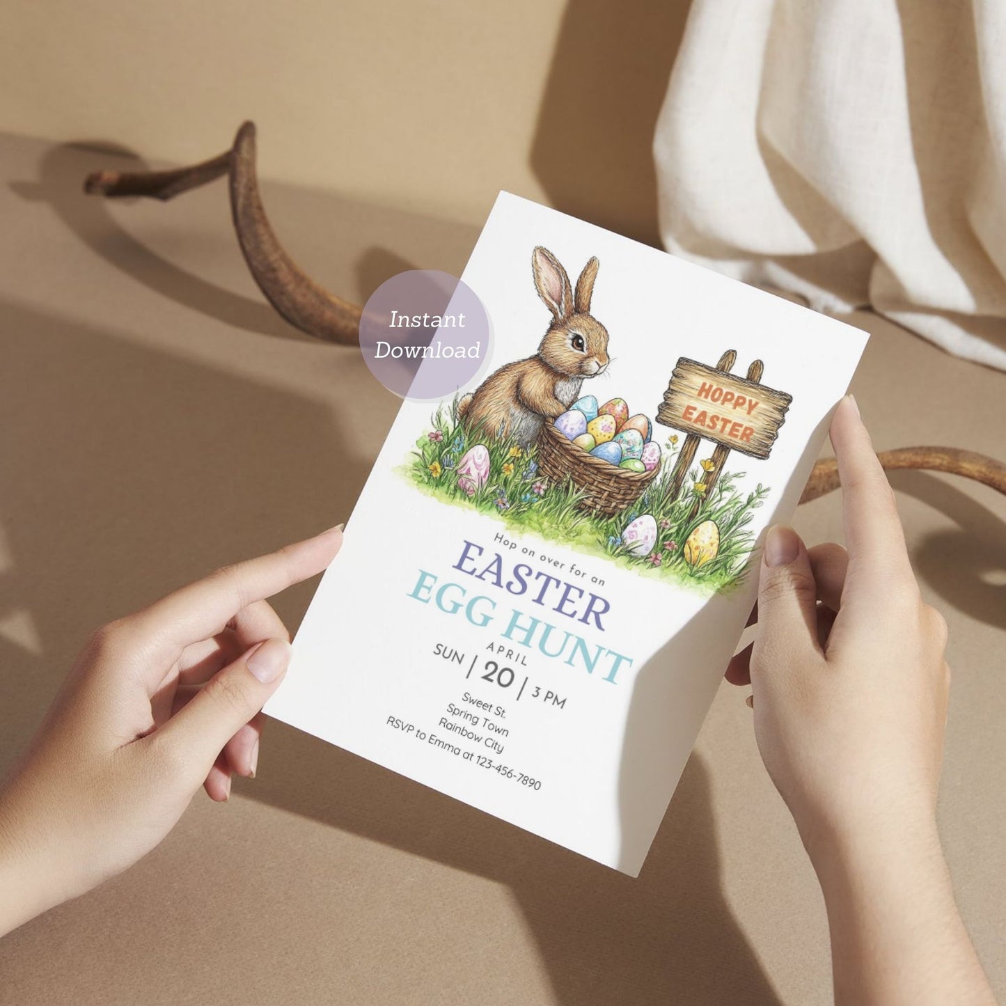 Cute Bunny with Easter Egg Basket Invitation Template
