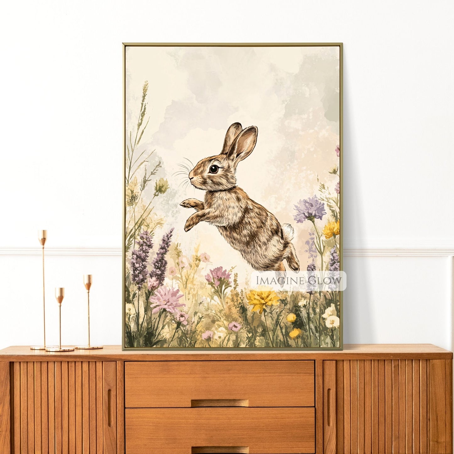 Bunny in nature-inspired wildflower wall art.
