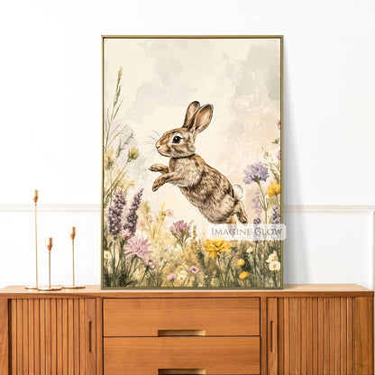 Bunny in nature-inspired wildflower wall art.
