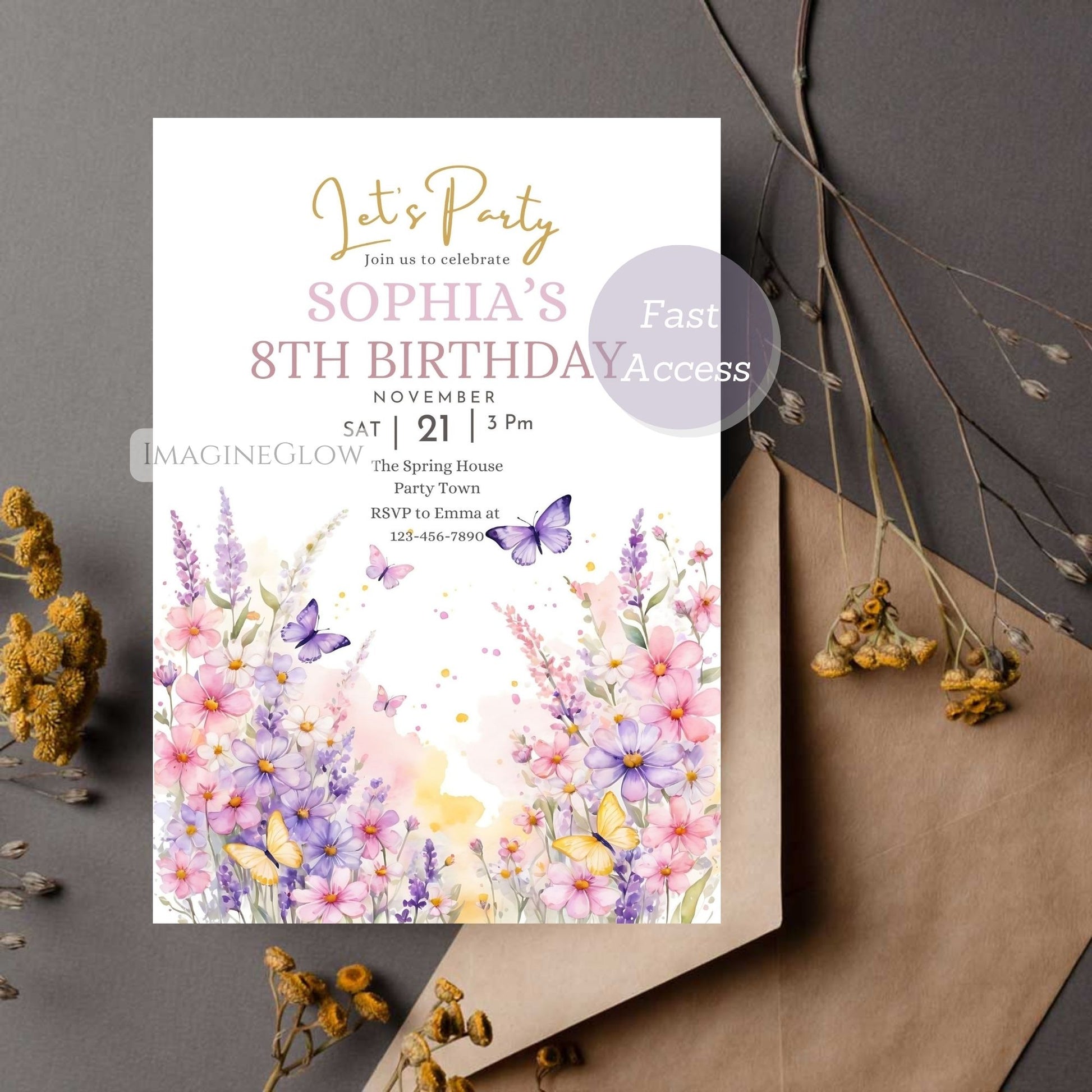 wildflower and butterfly party invite
digital garden birthday invitation
