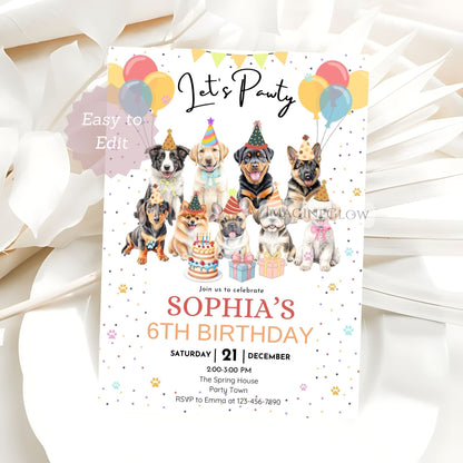 Birthday party invitation with dogs wearing party hats and balloons 