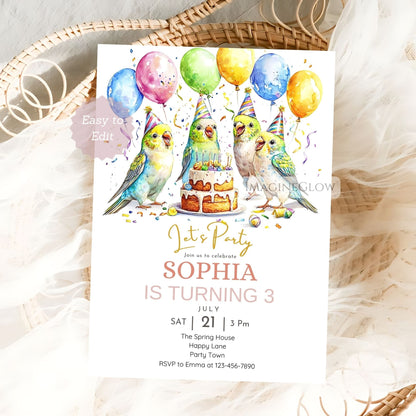 Tropical bird birthday invite with parakeet illustration
