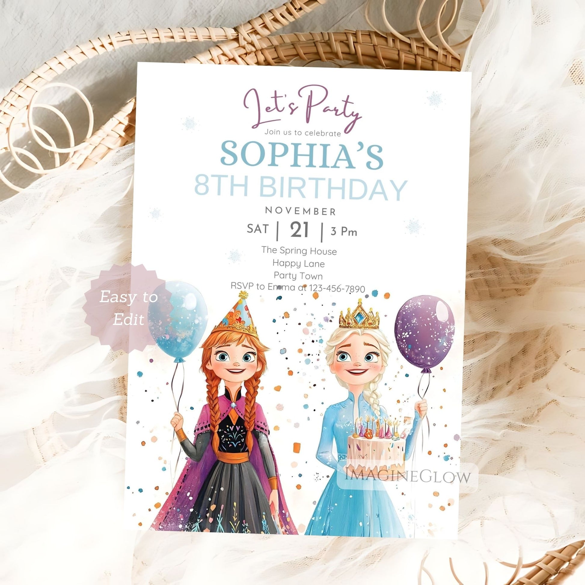 Frozen birthday invitation with Elsa and Anna
