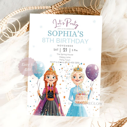 Frozen birthday invitation with Elsa and Anna
