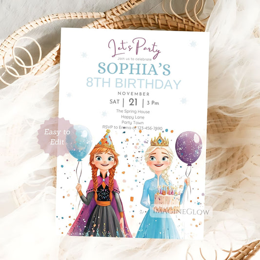 Frozen birthday invitation with Elsa and Anna
