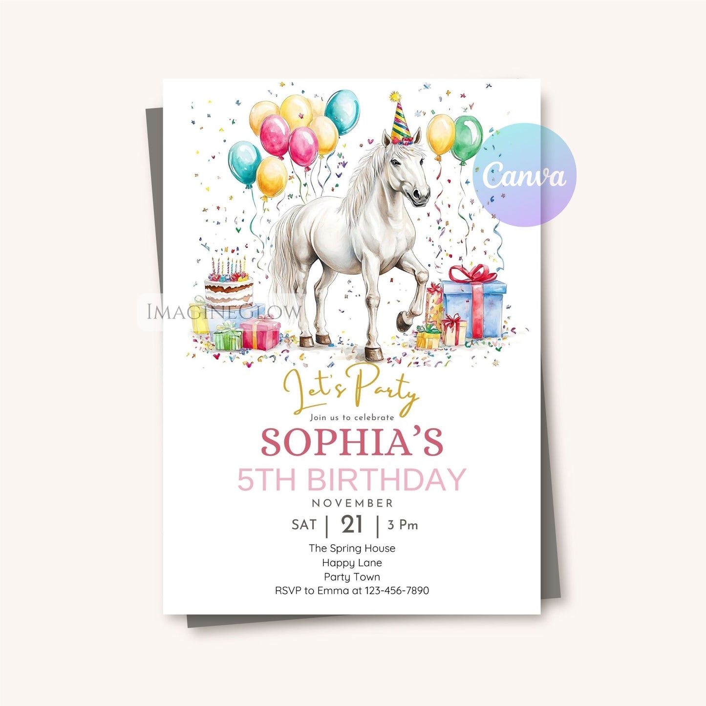 Editable white horse birthday card
Printable horse-themed birthday invitation
