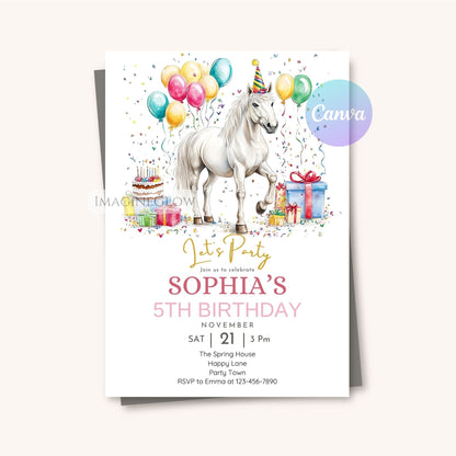 Editable white horse birthday card
Printable horse-themed birthday invitation
